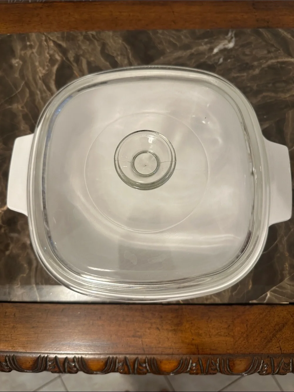 Corningware White Casserole with Blue Flower Motif and Glass Lid